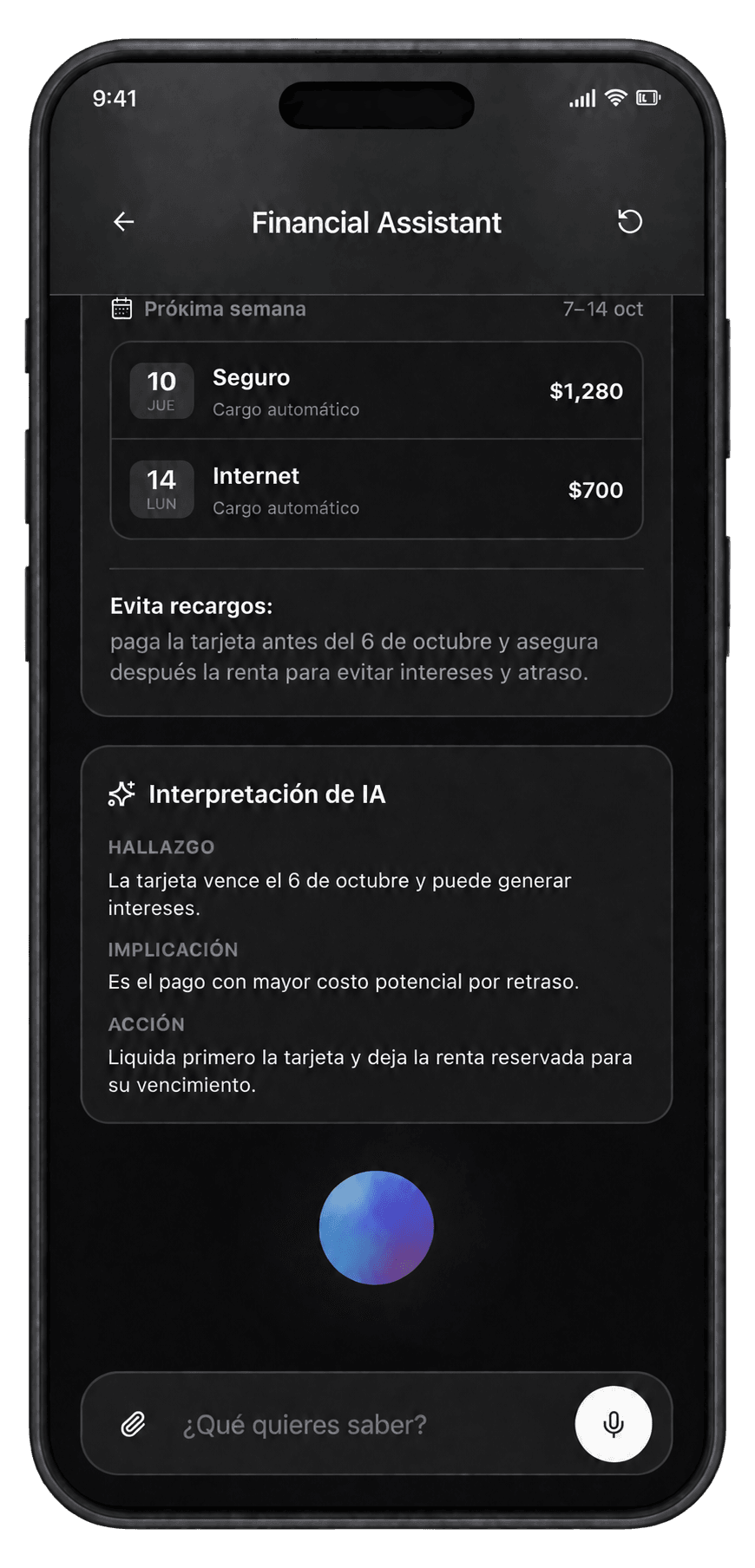 Financial Assistant report detail showing upcoming payments and an AI interpretation